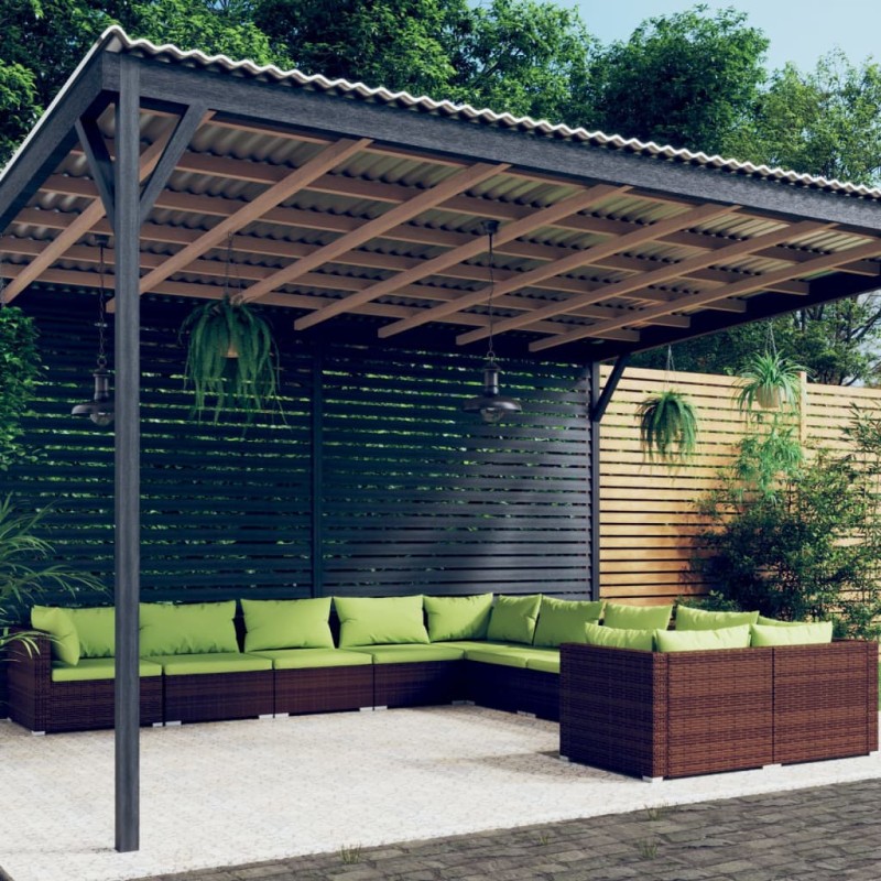 Set Divani da Giardino 10 pz con Cuscini in Polyrattan Marrone Set Divani da Giardino 10 pz con Cuscini in Polyrattan Marrone