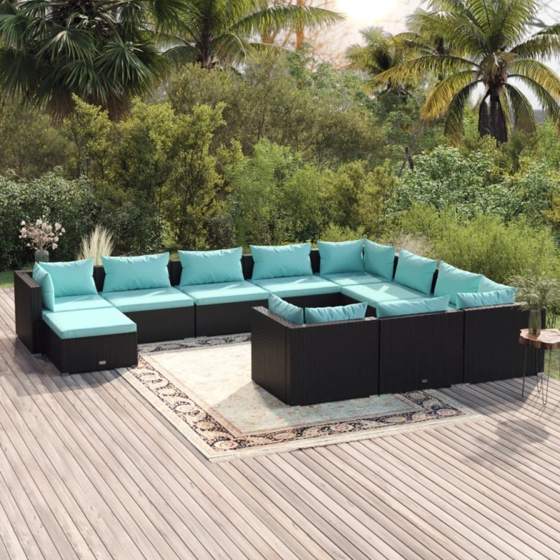 Set Divani da Giardino 11 pz con Cuscini in Polyrattan Nero Set Divani da Giardino 11 pz con Cuscini in Polyrattan Nero