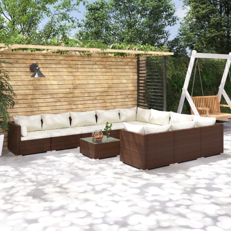 Set Divani da Giardino 11 pz con Cuscini in Polyrattan Marrone Set Divani da Giardino 11 pz con Cuscini in Polyrattan Marrone