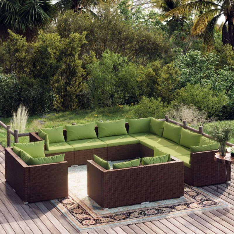 Set Divani da Giardino 11 pz con Cuscini in Polyrattan Marrone Set Divani da Giardino 11 pz con Cuscini in Polyrattan Marrone