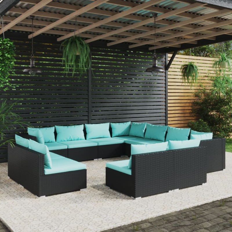Set Divani da Giardino 11 pz con Cuscini in Polyrattan Nero Set Divani da Giardino 11 pz con Cuscini in Polyrattan Nero