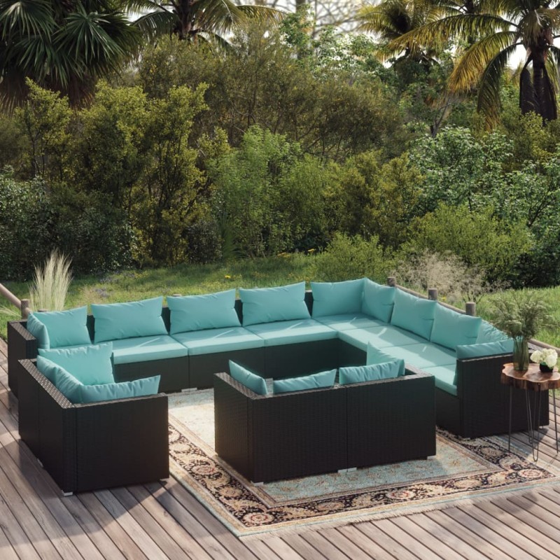 Set Divani da Giardino 12 pz con Cuscini in Polyrattan Nero Set Divani da Giardino 12 pz con Cuscini in Polyrattan Nero