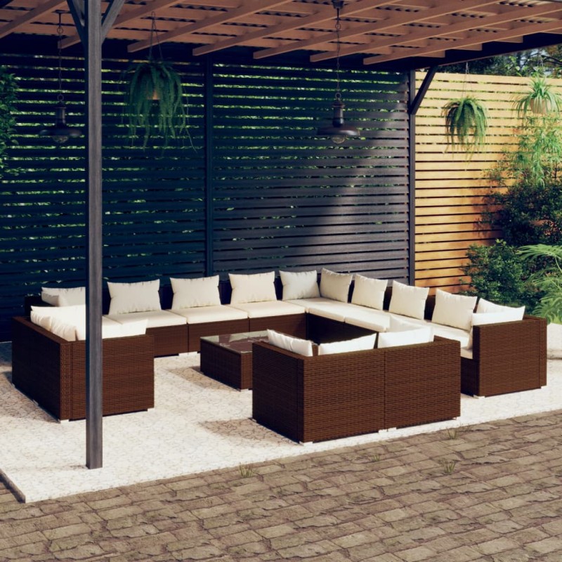 Set Divani da Giardino 14 pz con Cuscini in Polyrattan Marrone Set Divani da Giardino 14 pz con Cuscini in Polyrattan Marrone