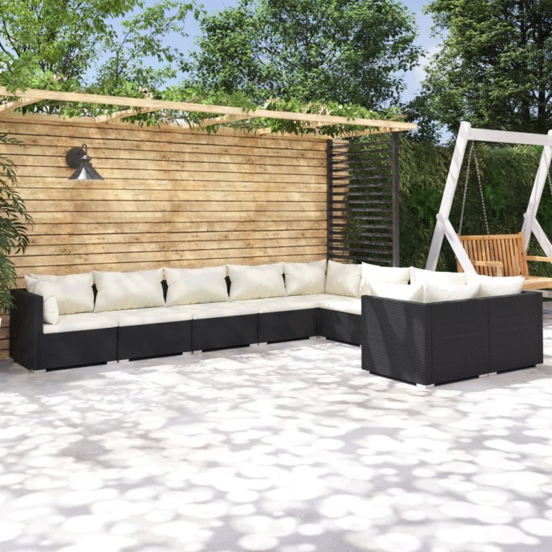 Set Divani da Giardino 9 pz con Cuscini in Polyrattan Nero Set Divani da Giardino 9 pz con Cuscini in Polyrattan Nero