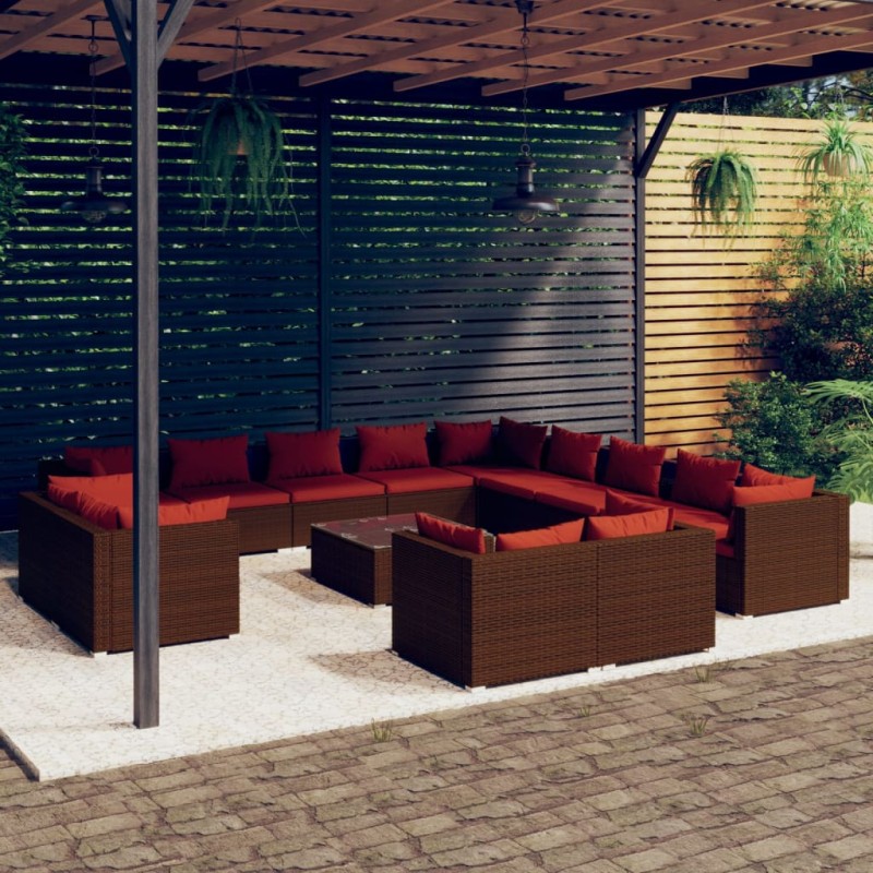 Set Divani da Giardino 14 pz con Cuscini in Polyrattan Marrone