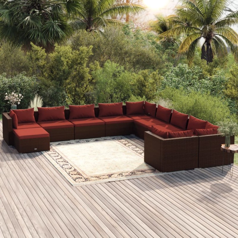 Set Divani da Giardino 11 pz con Cuscini in Polyrattan Marrone Set Divani da Giardino 11 pz con Cuscini in Polyrattan Marrone