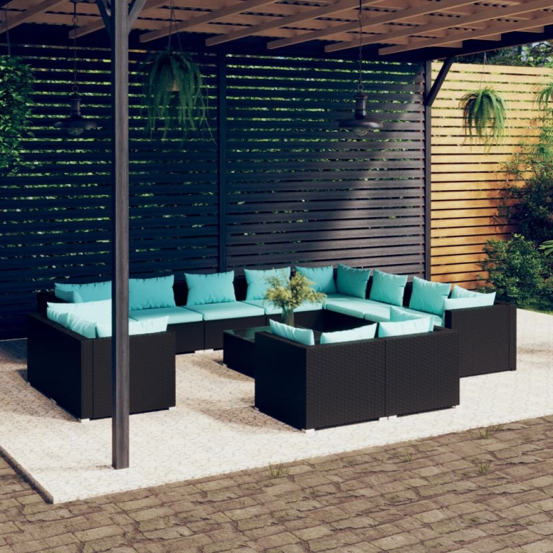 Set Divani da Giardino 13 pz con Cuscini in Polyrattan Nero Set Divani da Giardino 13 pz con Cuscini in Polyrattan Nero