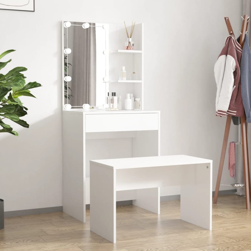Set Tavolo da Toeletta Bianco con LED in Legno Multistrato Set Tavolo da Toeletta Bianco con LED in Legno Multistrato