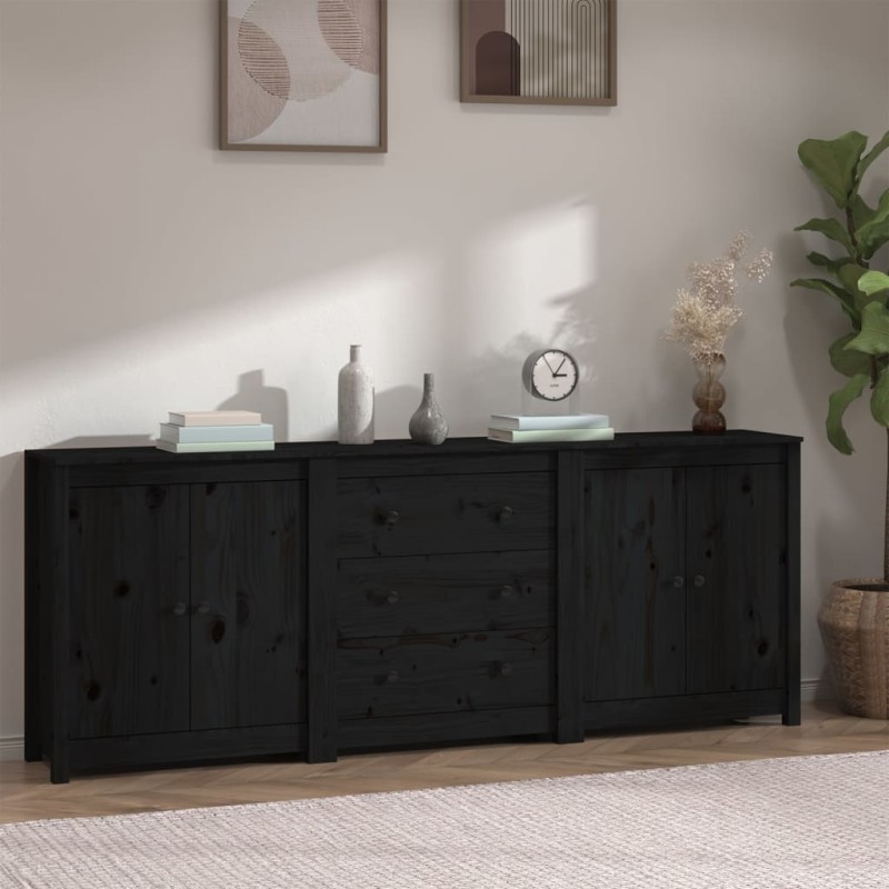 Credenza Nera 210x35x80 cm in Legno Massello di Pino Credenza Nera 210x35x80 cm in Legno Massello di Pino