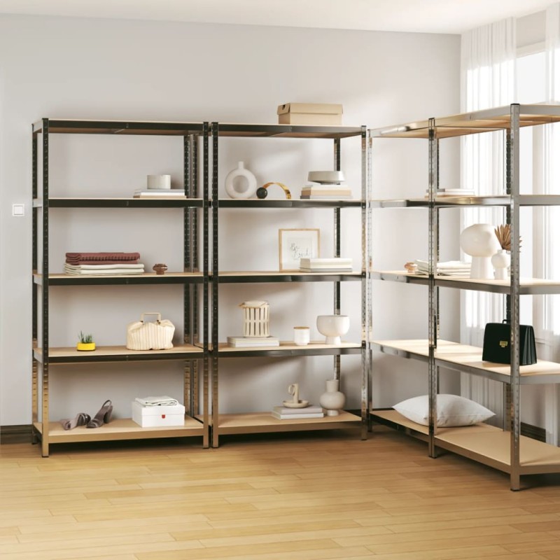 Scaffali 5 Ripiani 4 pz Argento in Acciaio e Legno Multistrato Scaffali 5 Ripiani 4 pz Argento in Acciaio e Legno Multistrato