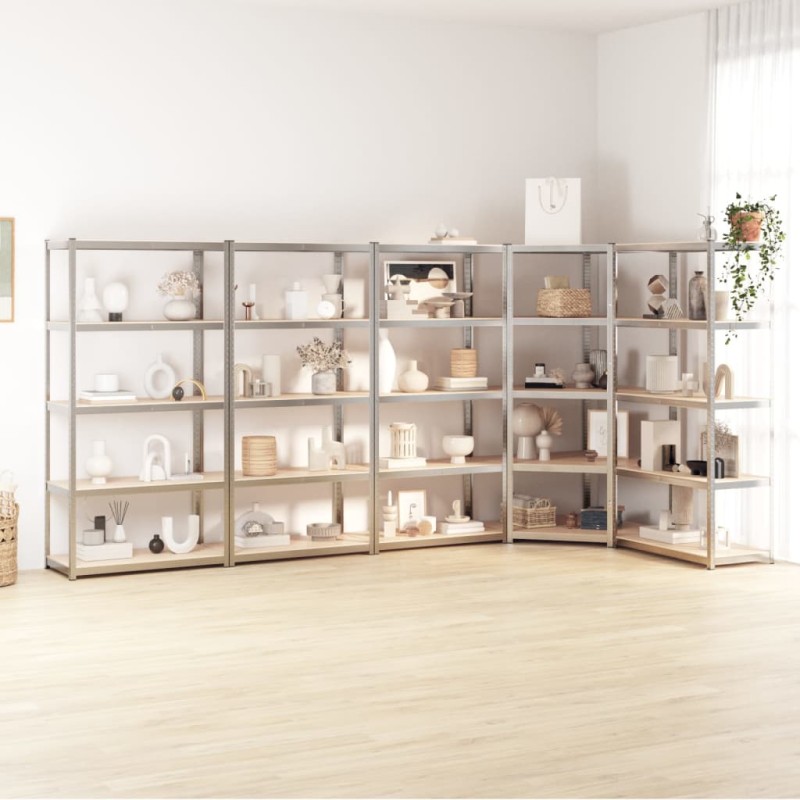 Scaffali 5 Ripiani 5 pz Argento in Acciaio e Legno Multistrato Scaffali 5 Ripiani 5 pz Argento in Acciaio e Legno Multistrato