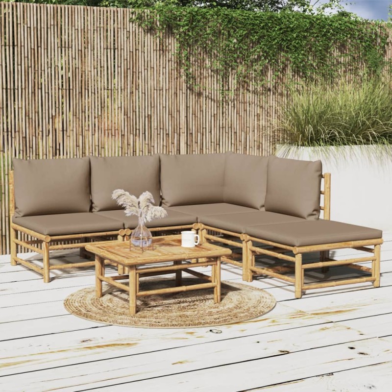 Set Salotto da Giardino 6pz con Cuscini Tortora Bambù Set Salotto da Giardino 6pz con Cuscini Tortora Bambù