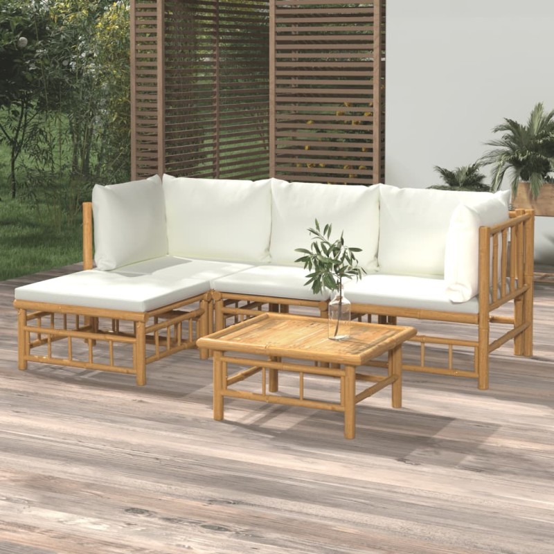 vidaXL Set Salotto da Giardino 5pz con Cuscini Bianco Crema in Bambù vidaXL Set Salotto da Giardino 5pz con Cuscini Bianco Crema in Bambù