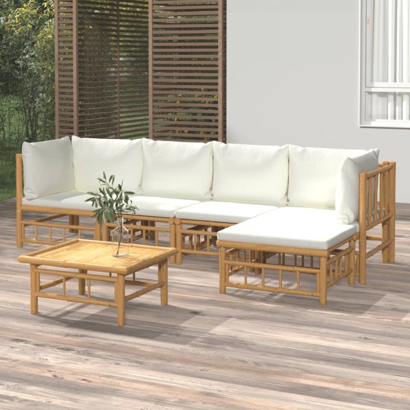 Set Salotto da Giardino 6pz con Cuscini Bianco Crema in Bambù Set Salotto da Giardino 6pz con Cuscini Bianco Crema in Bambù