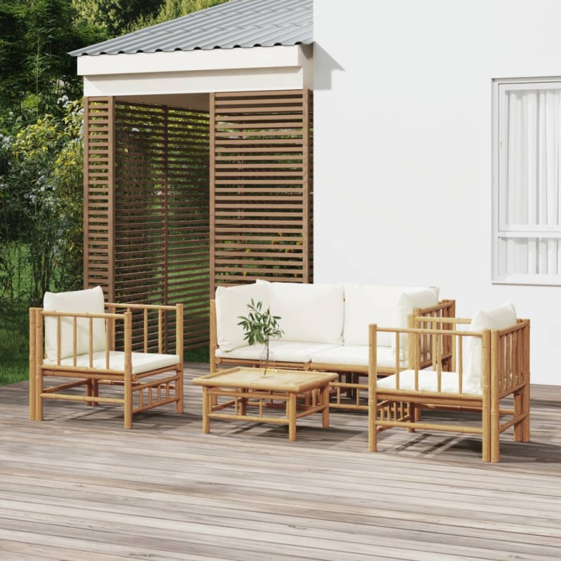 Set Salotto da Giardino 5pz con Cuscini Bianco Crema in Bambù Set Salotto da Giardino 5pz con Cuscini Bianco Crema in Bambù