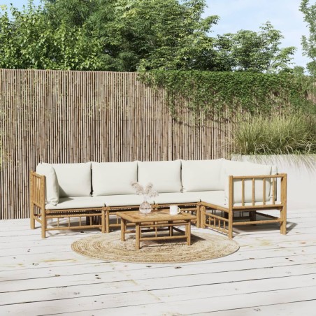 Set Salotto da Giardino 6pz con Cuscini Bianco Crema in Bambù