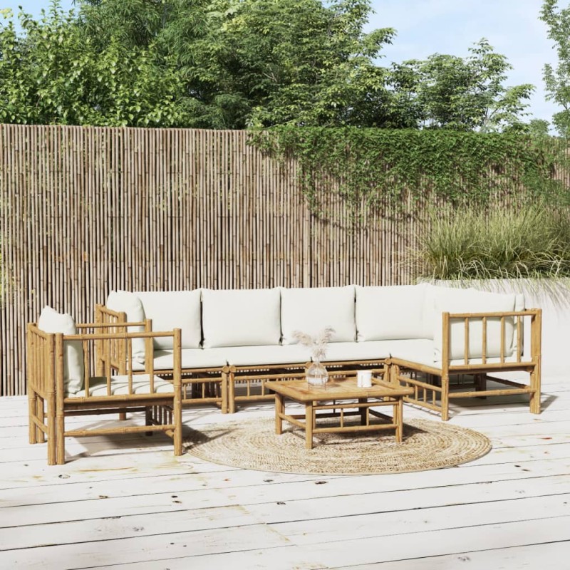 Set Salotto da Giardino 7pz con Cuscini Bianco Crema in Bambù Set Salotto da Giardino 7pz con Cuscini Bianco Crema in Bambù