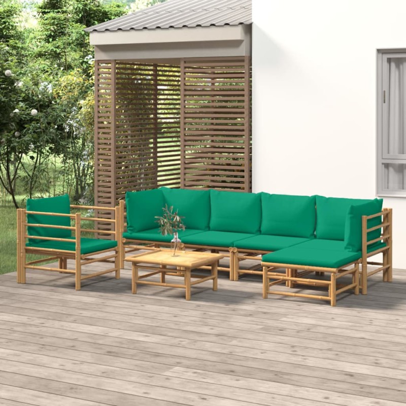 Set Salotto da Giardino 7pz con Cuscini Verdi Bambù Set Salotto da Giardino 7pz con Cuscini Verdi Bambù