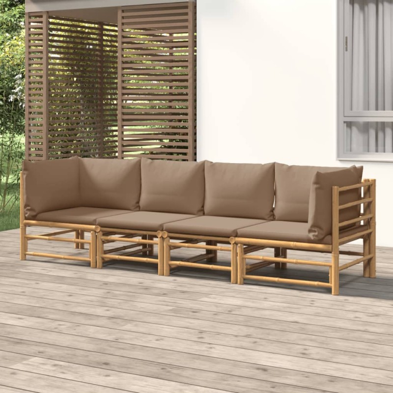 Set Salotto da Giardino 4pz con Cuscini Tortora Bambù Set Salotto da Giardino 4pz con Cuscini Tortora Bambù