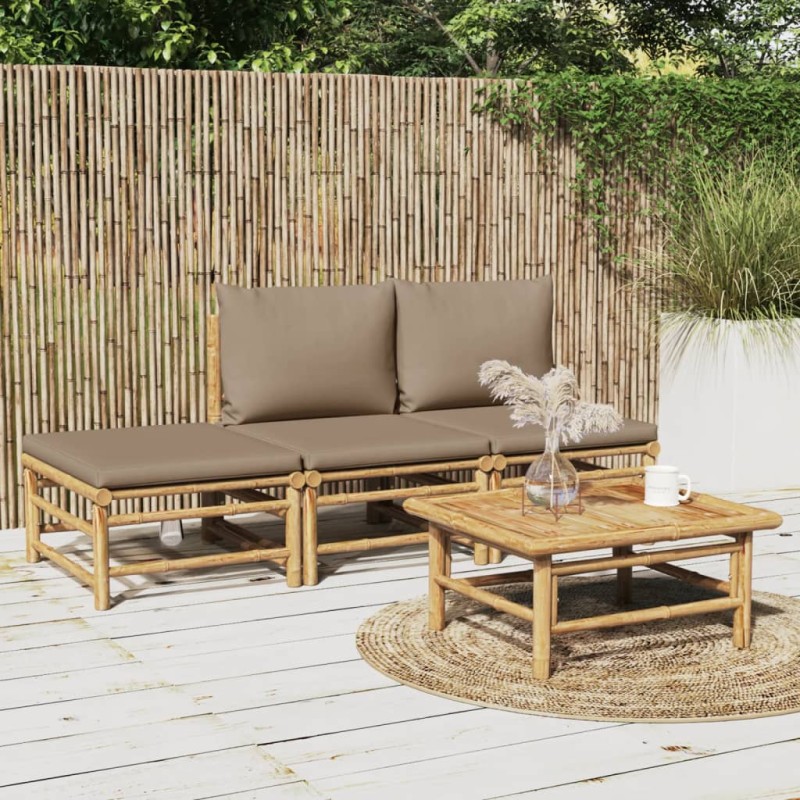 Set Salotto da Giardino 4pz con Cuscini Tortora Bambù Set Salotto da Giardino 4pz con Cuscini Tortora Bambù