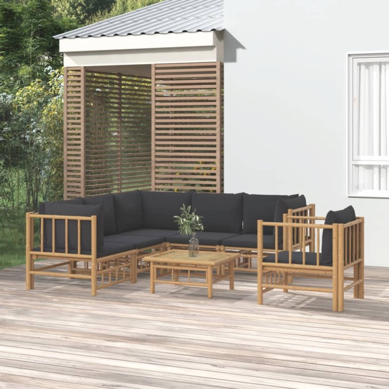 Set Salotto da Giardino 7pz con Cuscini Grigio Scuro Bambù Set Salotto da Giardino 7pz con Cuscini Grigio Scuro Bambù