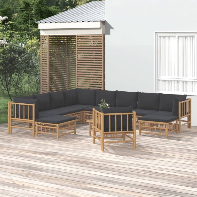 Set Salotto da Giardino 12pz con Cuscini Grigio Scuro Bambù Set Salotto da Giardino 12pz con Cuscini Grigio Scuro Bambù