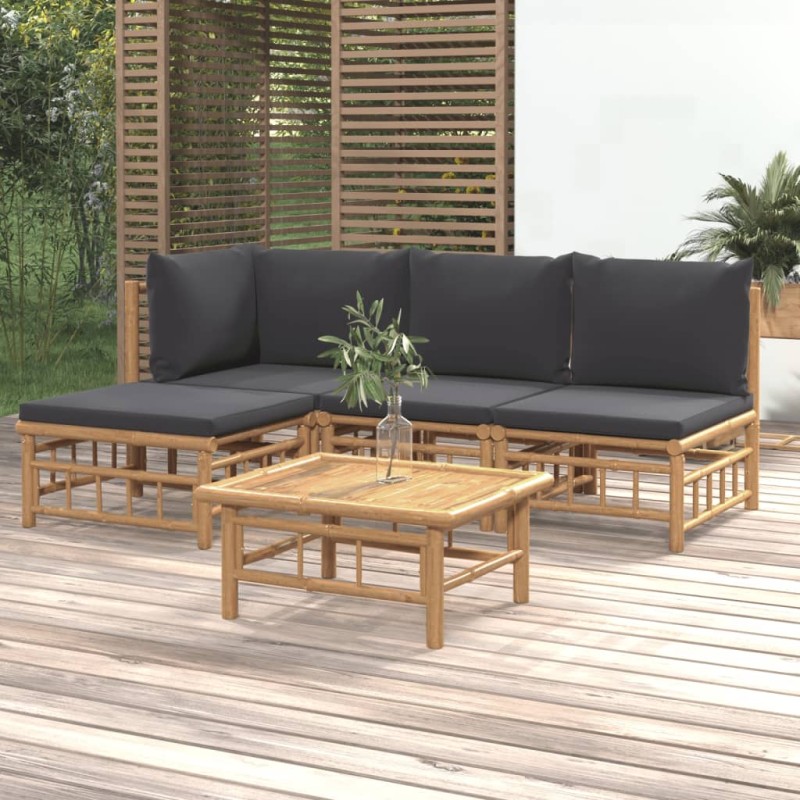 Set Salotto da Giardino 5pz con Cuscini Grigio Scuro Bambù Set Salotto da Giardino 5pz con Cuscini Grigio Scuro Bambù