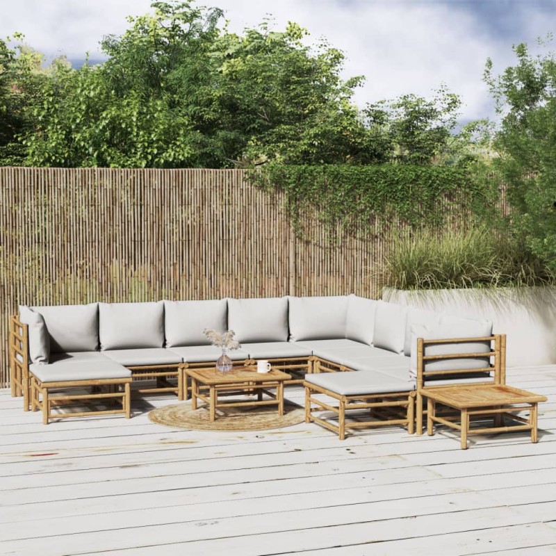 vidaXL Set Salotto da Giardino 12pz con Cuscini Grigio Chiaro Bambù vidaXL Set Salotto da Giardino 12pz con Cuscini Grigio Chiaro Bambù
