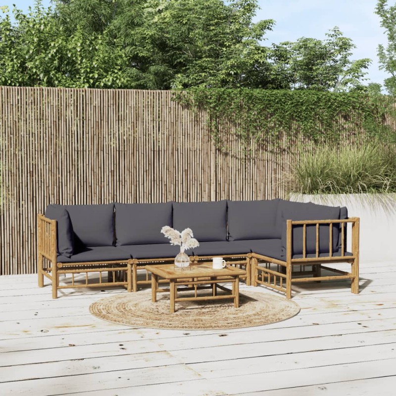 Set Salotto da Giardino 6pz con Cuscini Grigio Scuro Bambù Set Salotto da Giardino 6pz con Cuscini Grigio Scuro Bambù
