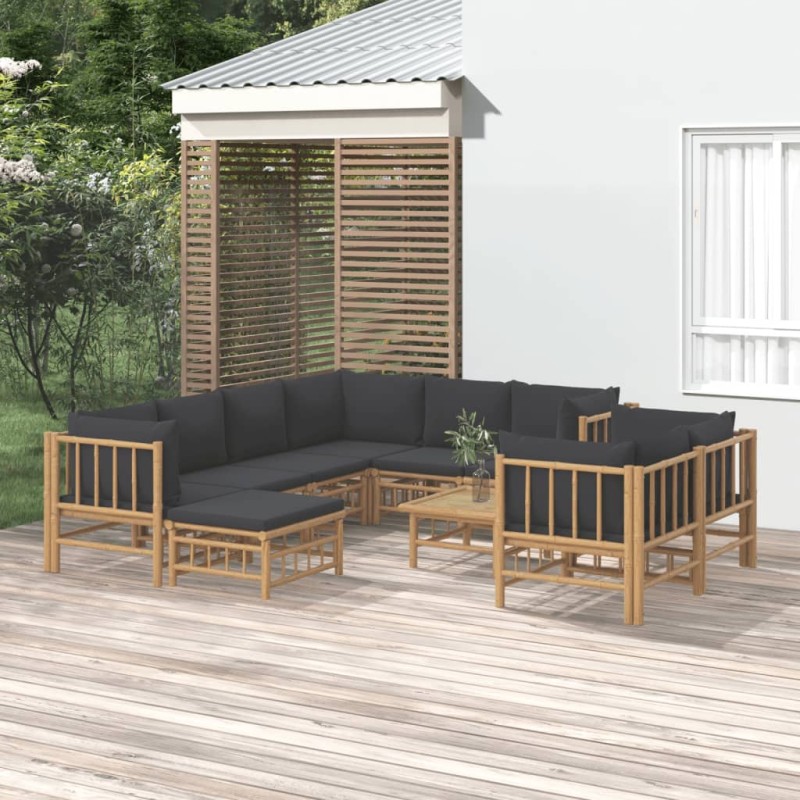 vidaXL Set Salotto da Giardino 10pz con Cuscini Grigio Scuro Bambù vidaXL Set Salotto da Giardino 10pz con Cuscini Grigio Scuro Bambù