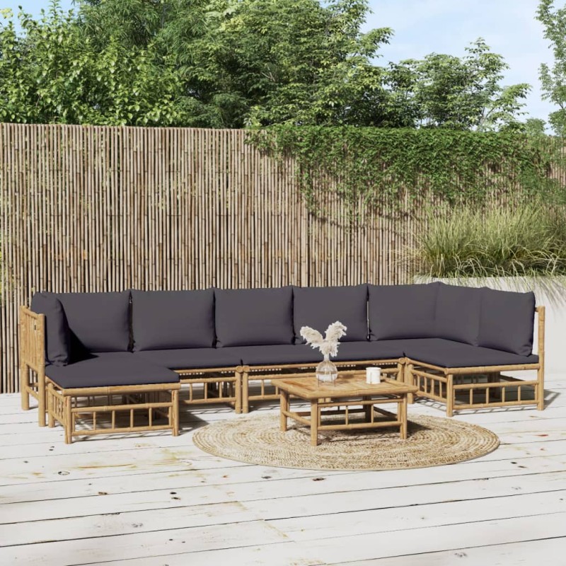 Set Salotto da Giardino 8pz con Cuscini Grigio Scuro Bambù Set Salotto da Giardino 8pz con Cuscini Grigio Scuro Bambù