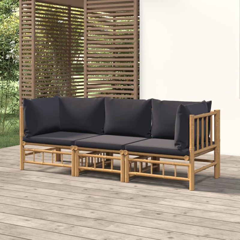 Set Salotto da Giardino 3pz con Cuscini Grigio Scuro Bambù Set Salotto da Giardino 3pz con Cuscini Grigio Scuro Bambù