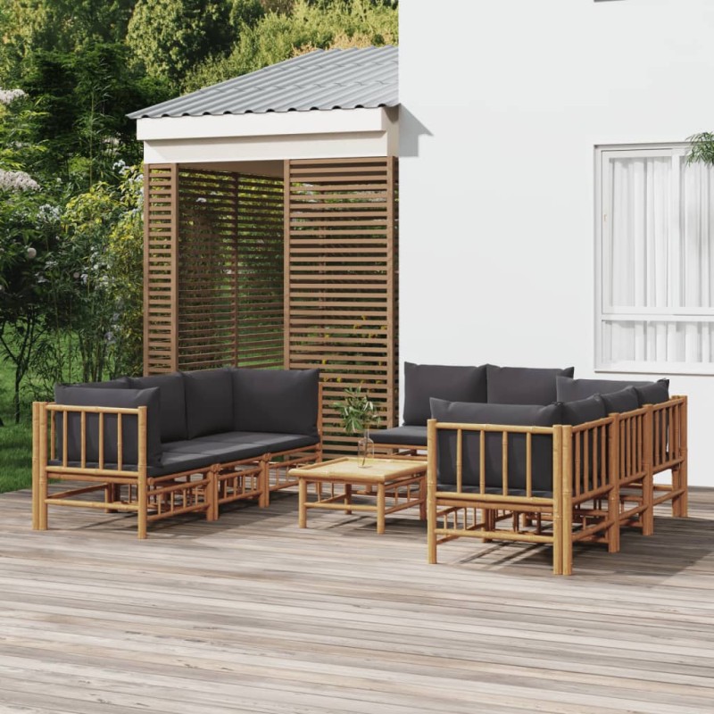 Set Salotto da Giardino 9pz con Cuscini Grigio Scuro Bambù Set Salotto da Giardino 9pz con Cuscini Grigio Scuro Bambù
