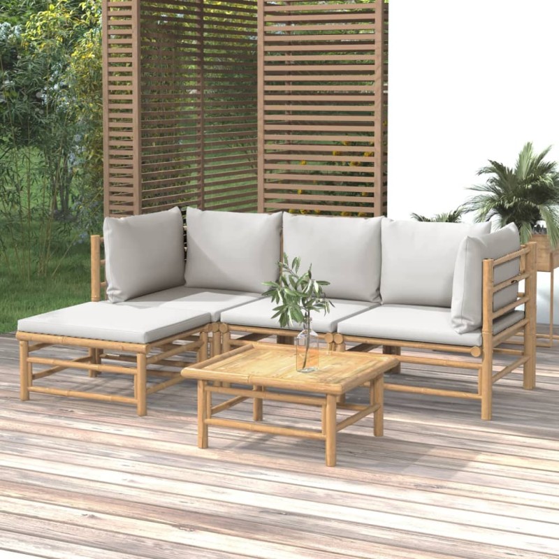 Set Salotto da Giardino 5pz con Cuscini Grigio Chiaro Bambù Set Salotto da Giardino 5pz con Cuscini Grigio Chiaro Bambù