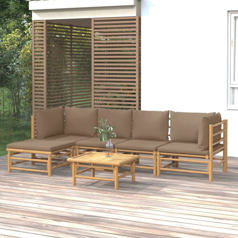 Set Salotto da Giardino 6pz con Cuscini Tortora Bambù Set Salotto da Giardino 6pz con Cuscini Tortora Bambù