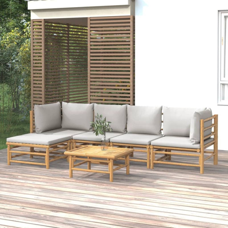 Set Salotto da Giardino 6pz con Cuscini Grigio Chiaro Bambù Set Salotto da Giardino 6pz con Cuscini Grigio Chiaro Bambù