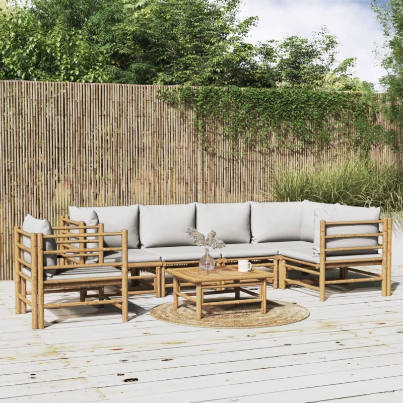 Set Salotto da Giardino 7pz con Cuscini Grigio Chiaro Bambù Set Salotto da Giardino 7pz con Cuscini Grigio Chiaro Bambù