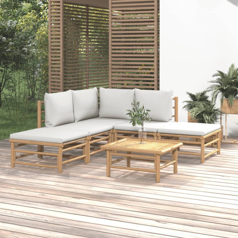Set Salotto da Giardino 6pz con Cuscini Grigio Chiaro Bambù Set Salotto da Giardino 6pz con Cuscini Grigio Chiaro Bambù
