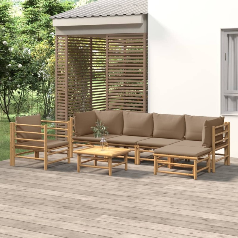 Set Salotto da Giardino 7pz con Cuscini Tortora Bambù Set Salotto da Giardino 7pz con Cuscini Tortora Bambù