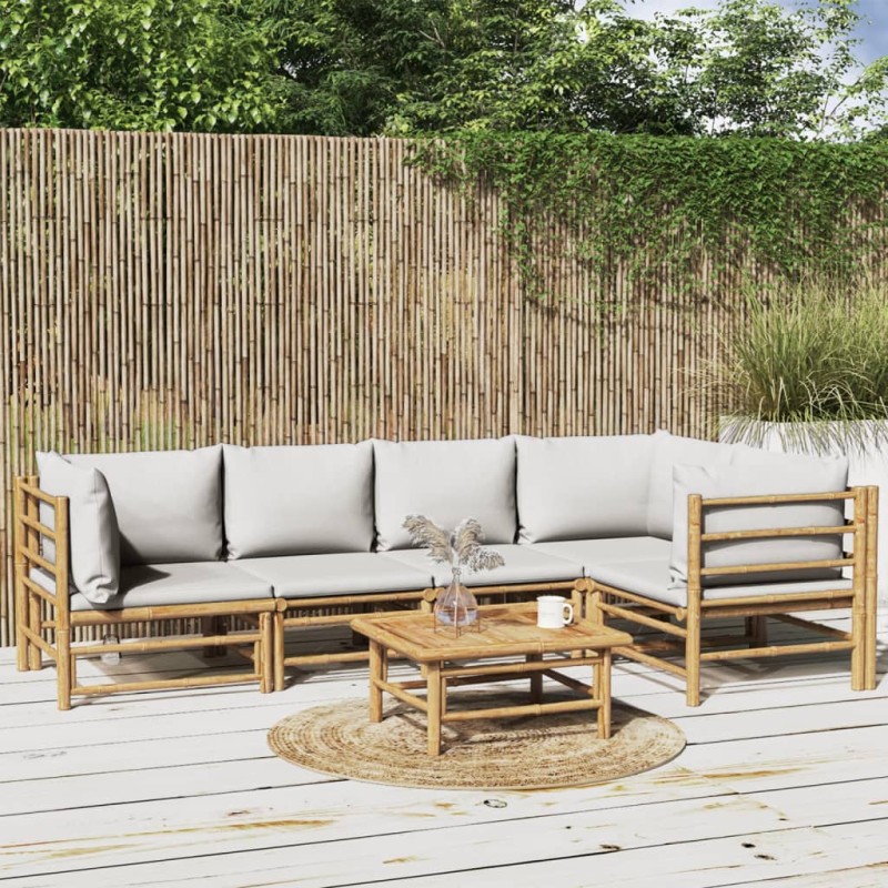 Set Salotto da Giardino 6pz con Cuscini Grigio Chiaro Bambù Set Salotto da Giardino 6pz con Cuscini Grigio Chiaro Bambù