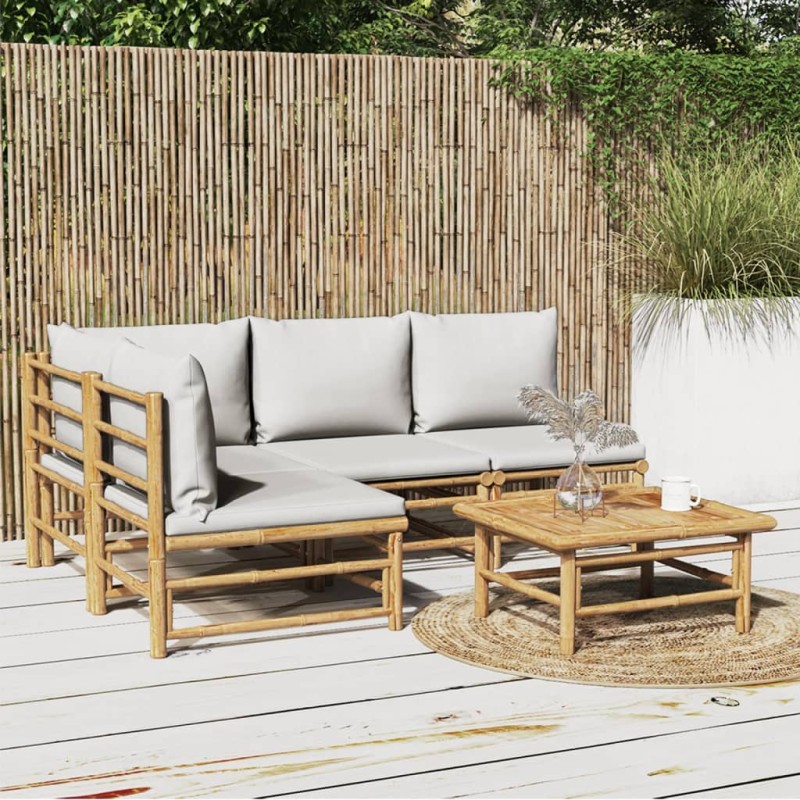 vidaXL Set Salotto da Giardino 5pz con Cuscini Grigio Chiaro Bambù vidaXL Set Salotto da Giardino 5pz con Cuscini Grigio Chiaro Bambù