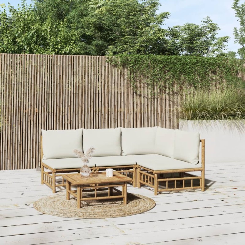 vidaXL Set Salotto da Giardino 5pz con Cuscini Bianco Crema in Bambù vidaXL Set Salotto da Giardino 5pz con Cuscini Bianco Crema in Bambù