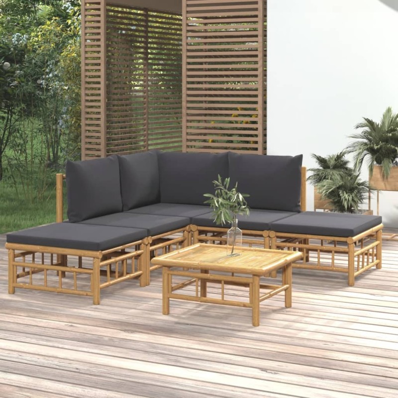 Set Salotto da Giardino 6pz con Cuscini Grigio Scuro Bambù Set Salotto da Giardino 6pz con Cuscini Grigio Scuro Bambù