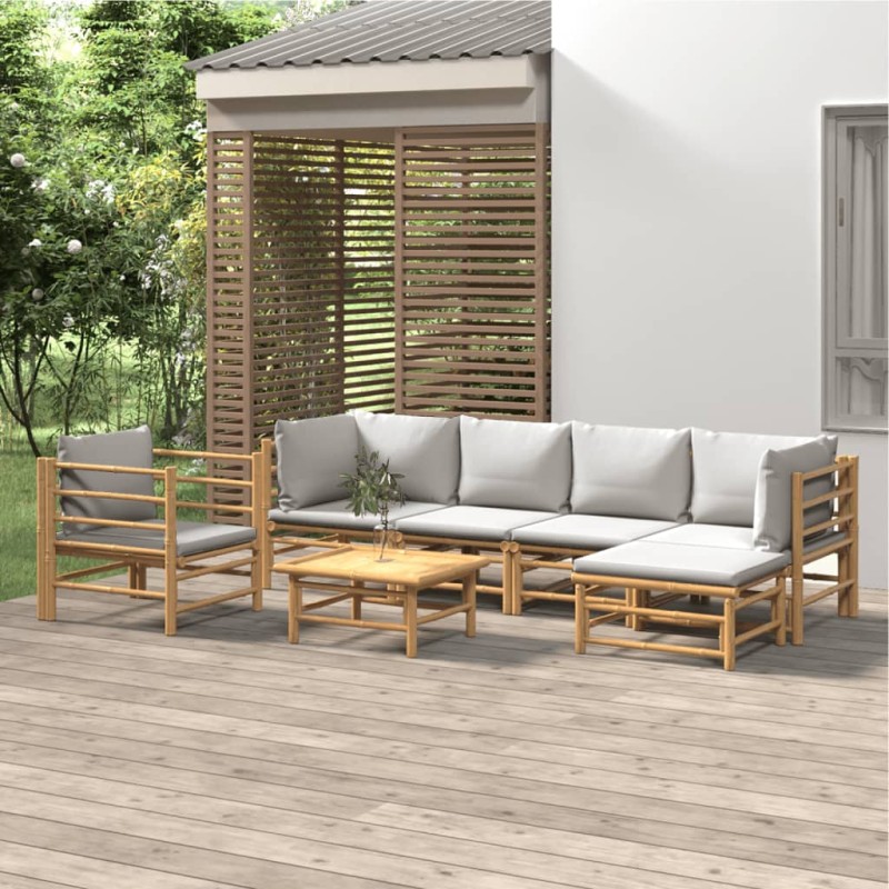 Set Salotto da Giardino 7pz con Cuscini Grigio Chiaro Bambù Set Salotto da Giardino 7pz con Cuscini Grigio Chiaro Bambù