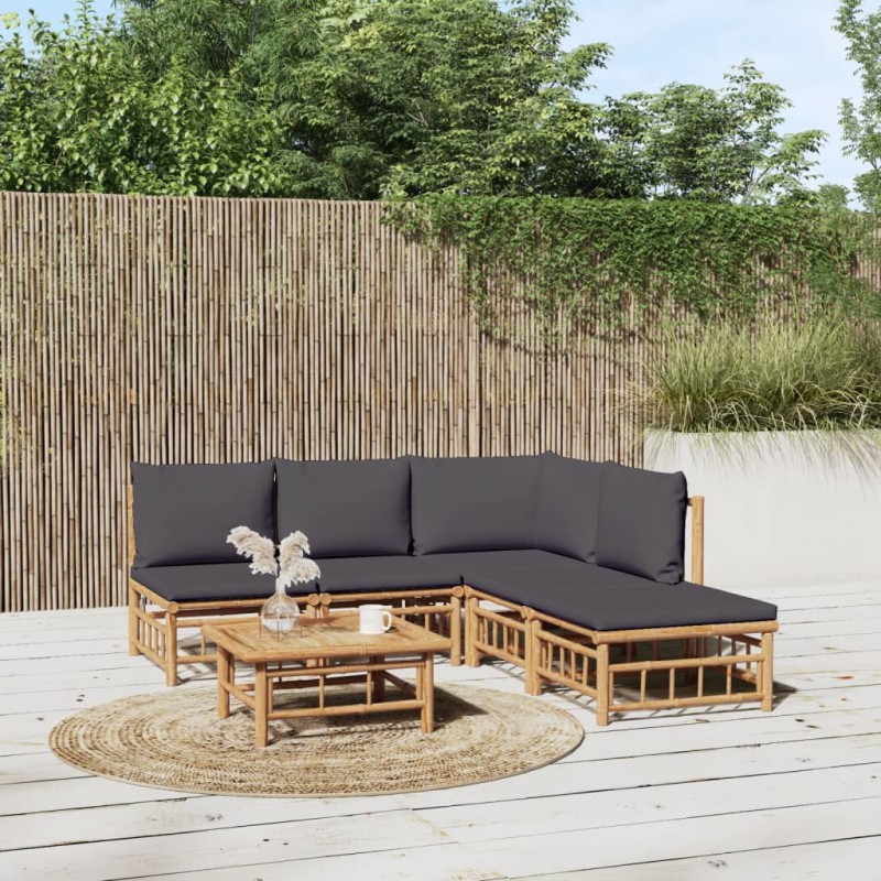 Set Salotto da Giardino 6pz con Cuscini Grigio Scuro Bambù Set Salotto da Giardino 6pz con Cuscini Grigio Scuro Bambù