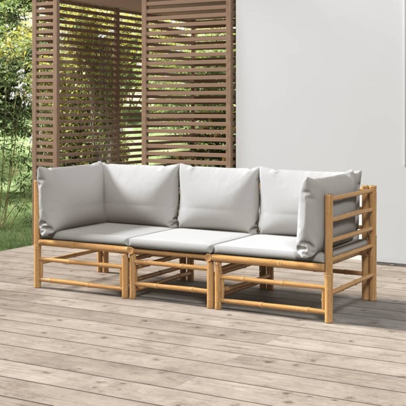 Set Salotto da Giardino 3pz con Cuscini Grigio Chiaro Bambù Set Salotto da Giardino 3pz con Cuscini Grigio Chiaro Bambù