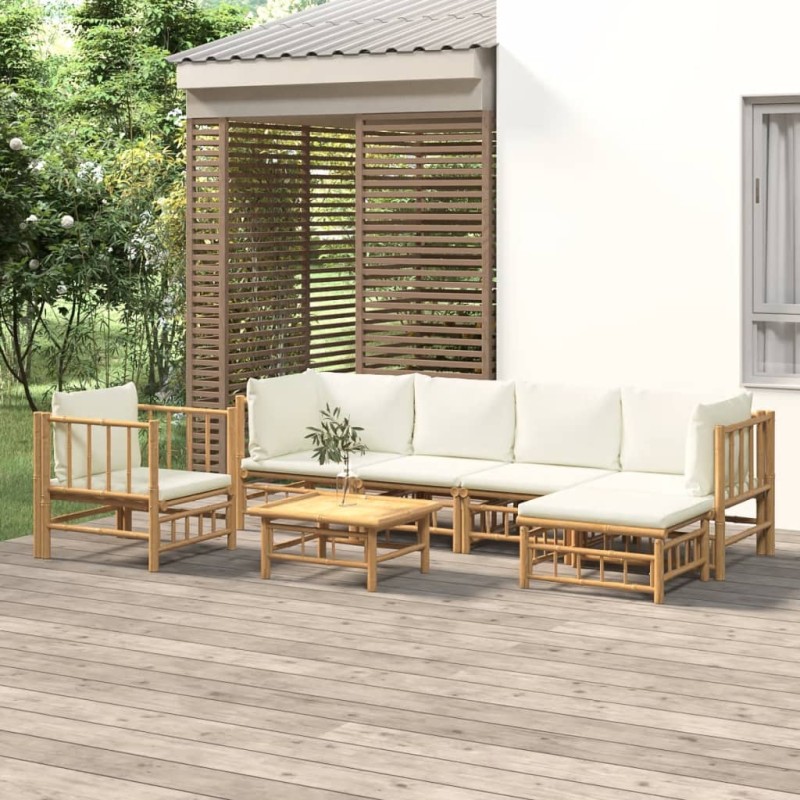 Set Salotto da Giardino 7pz con Cuscini Bianco Crema in Bambù Set Salotto da Giardino 7pz con Cuscini Bianco Crema in Bambù