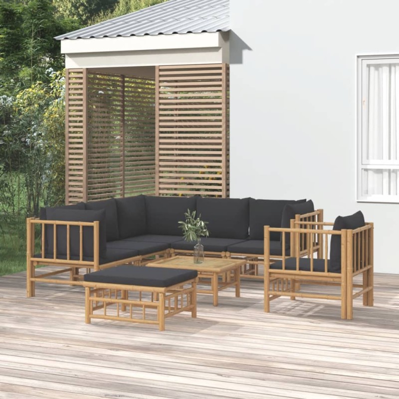 Set Salotto da Giardino 8pz con Cuscini Grigio Scuro Bambù Set Salotto da Giardino 8pz con Cuscini Grigio Scuro Bambù