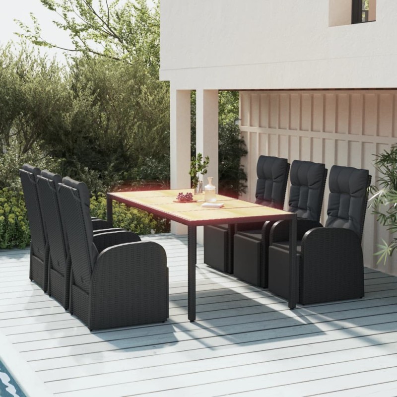 Set Pranzo Giardino 7pz Nero Polyrattan e Legno Massello Acacia Set Pranzo Giardino 7pz Nero Polyrattan e Legno Massello Acacia