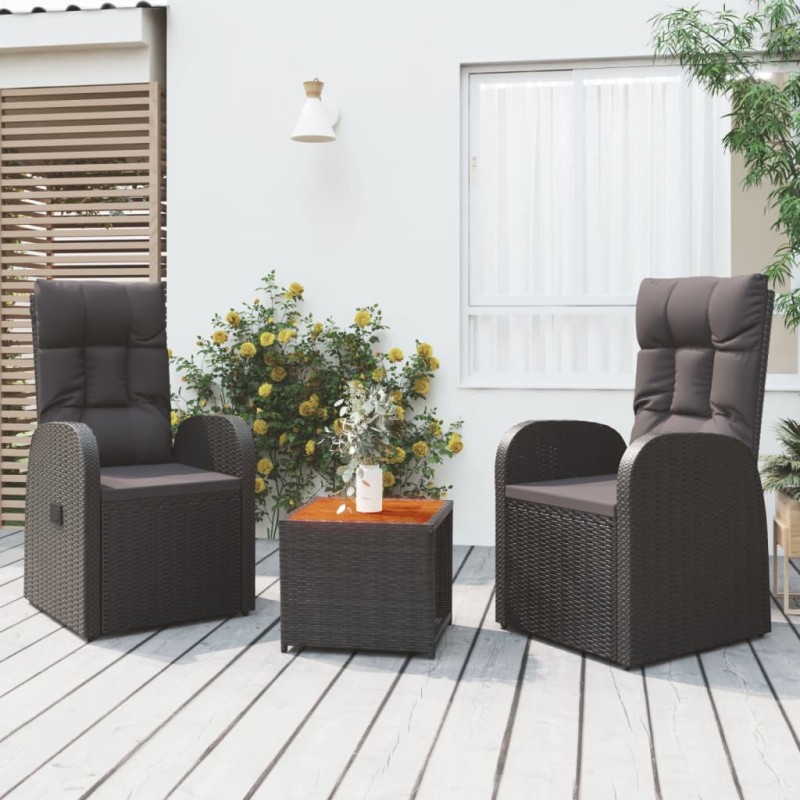 Set Mobili Giardino 3pz Nero Polyrattan e Legno Massello Acacia Set Mobili Giardino 3pz Nero Polyrattan e Legno Massello Acacia